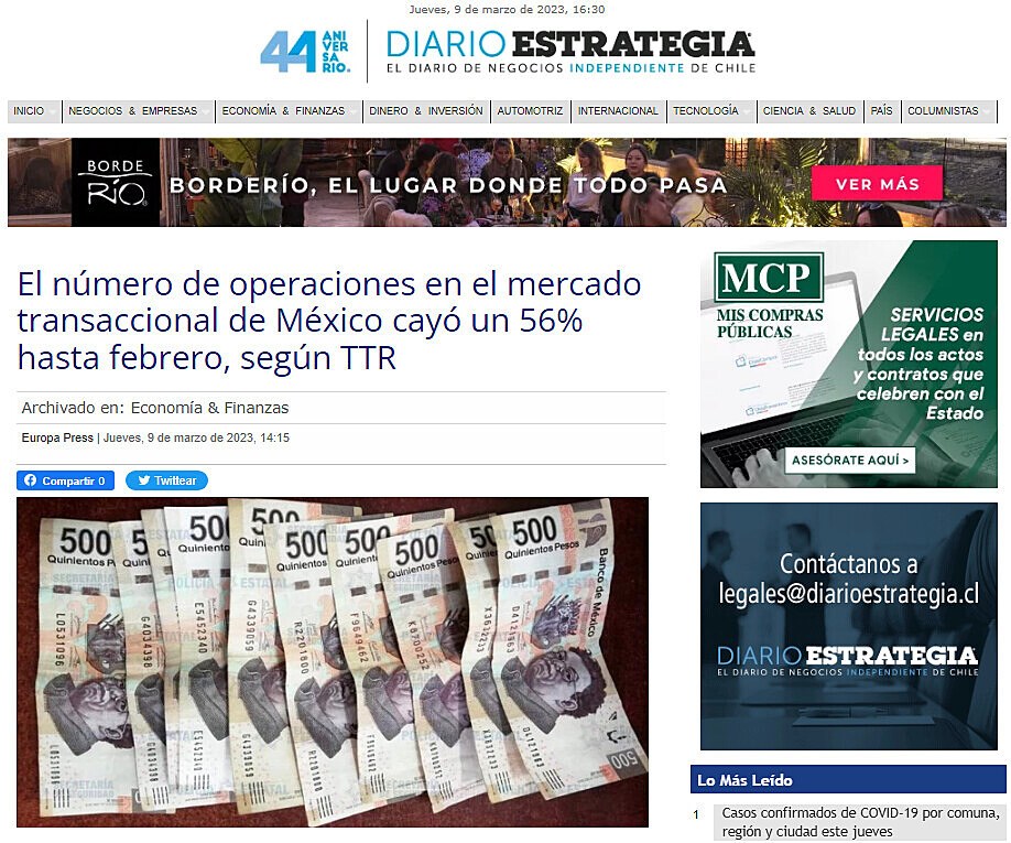 El nmero de operaciones en el mercado transaccional de Mxico cay un 56% hasta febrero, segn TTR